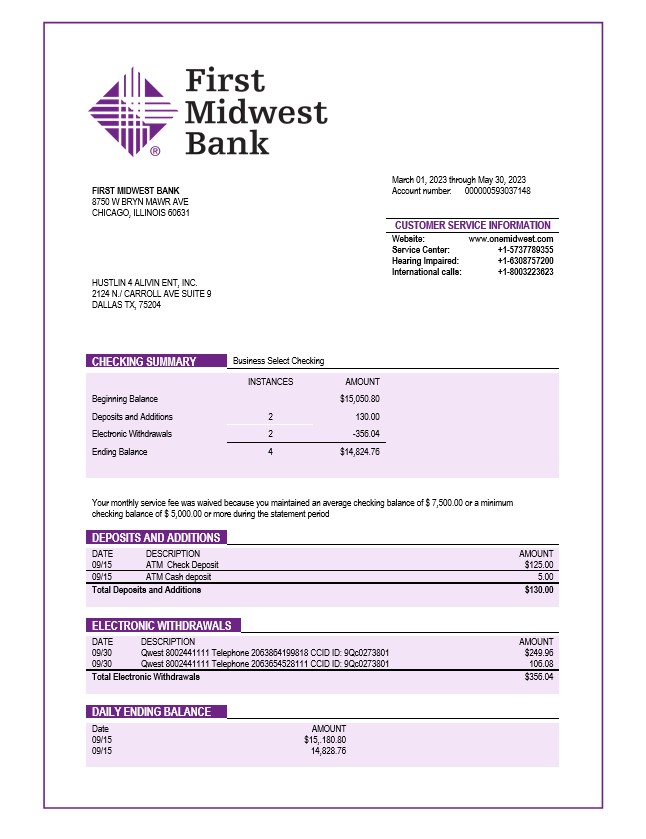 Modèle Word et PDF de relevé de compte d'entreprise de la First Midwest Bank